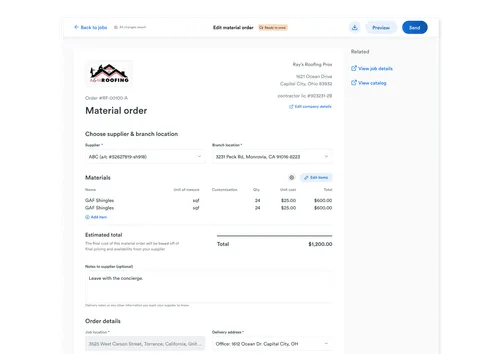 Screenshot of a material order form for Ray's Roofing Pros showing supplier, branch location, materials (GAF Shingles, 24 qty at $25 each), total cost $1,200, and delivery details.