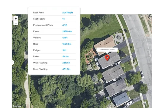 Aerial view of a suburban neighborhood with a red location pin marking a house roof and an overlay displaying roof measurements and specifications.