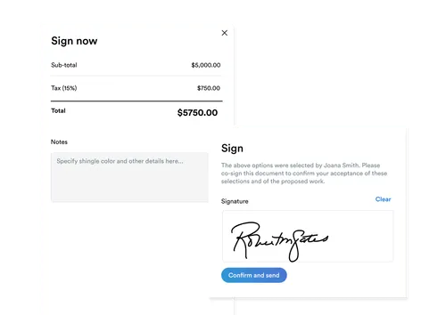 Digital signature interface showing a subtotal of $5,000, tax at 15% as $750, and total $5,750, with a signature box signed Robert Gates and a Confirm and send button.