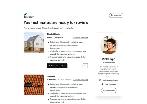 Roofing estimate review page with two options: Classic Shingles priced $19,893-$21,839 with a house image, and Clay Tiles at $245 per month with a red tile roof image; includes project manager Rick Capo's profile with contact details and a photo.