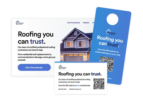 Website and promotional materials for Best Roofing Company showing a house and text offering trusted roofing services and free estimates with QR codes.
