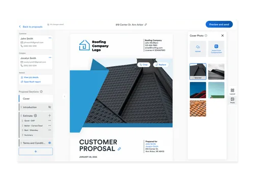 Roofing proposal editing screen showing customer and cosigner details, cover photo options with roof images, and a draft customer proposal page with roofing company logo and contact information.