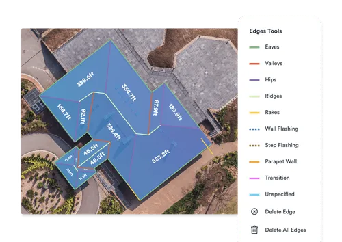 Aerial view of a building roof with various edges marked and color-coded by type such as eaves, valleys, hips, ridges, and rakes, along with measurements in feet displayed on the roof sections.