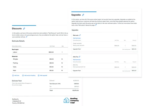 Two overlayed estimate tabs showing discounts and upgrades for roofing services including labor, materials, warranty, and attic fan with prices and totals.