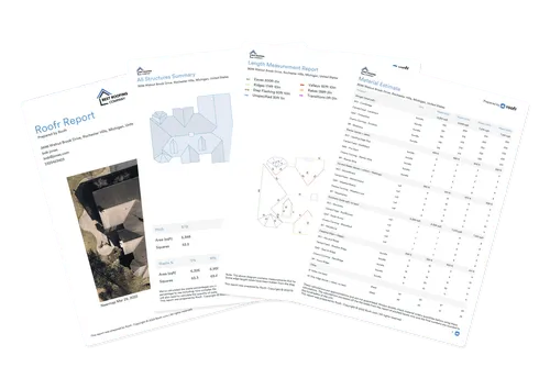Three overlapping roofing report pages showing a satellite roof image, structure summary with roof schematic, and a material estimate table.