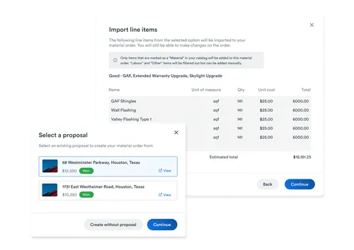 User interface showing an 'Import line items' summary with itemized material order details and a 'Select a proposal' popup listing two proposals from Houston, Texas, with options to view or continue.