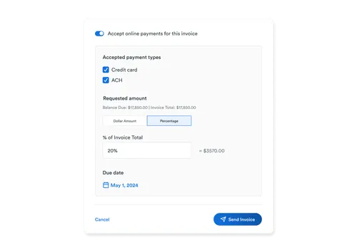Online payment settings for an invoice with credit card and ACH accepted, requesting 20% of $17,850 due by May 1, 2024, with Send Invoice and Cancel buttons.