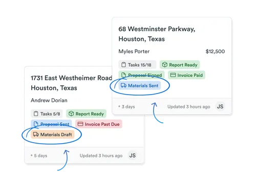 Two task cards showing project statuses with addresses in Houston, Texas; one card shows 'Materials Draft' status and the other shows 'Materials Sent' status circled in blue.