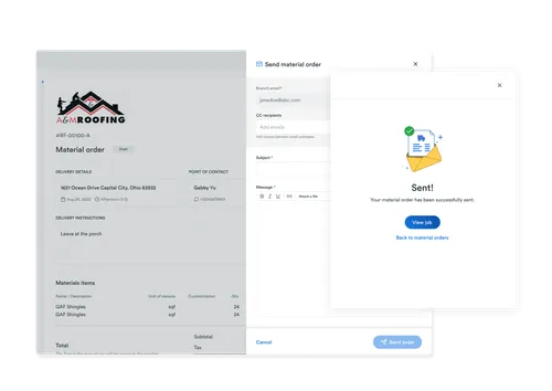 Digital interface showing a material order form for A&M Roofing with delivery details, contact info, itemized materials, and a confirmation popup stating 'Sent! Your material order has been successfully sent.'