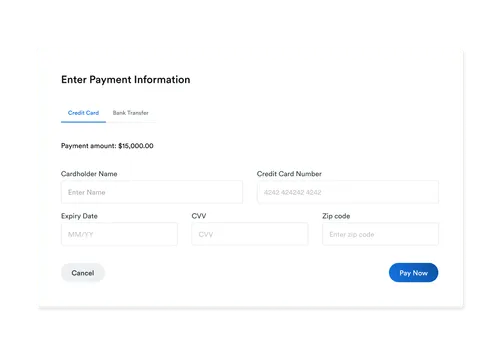 Payment form with Credit Card tab selected showing fields for cardholder name, credit card number, expiry date, CVV, and zip code, with $15,000 payment amount and Cancel and Pay Now buttons.