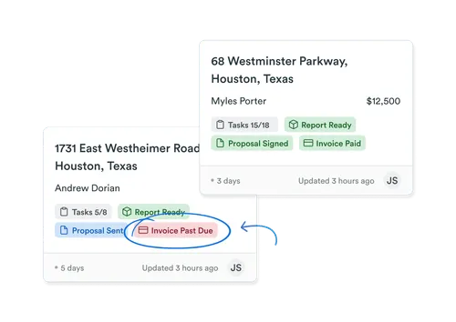 Two invoicing status cards showing addresses, client names, task progress, and payment statuses with one card indicating an invoice past due warning in red and the other showing an invoice paid status in green.
