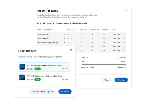 Invoice import interface showing line items with GAF shingles, wall flashing, and steel valley fishing priced at $25 each, quantities, margins, and total amounts, alongside a proposal selection popup listing two Houston, Texas addresses with $10,350 bids marked as won.