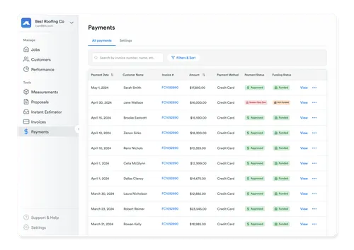 Payments dashboard showing a list of customer payments with dates, names, invoice numbers, amounts, credit card payment method, payment status, and funding status.