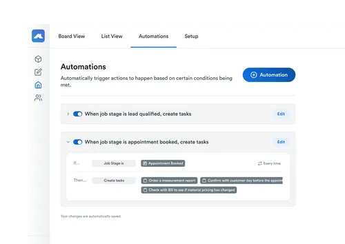 CRM software Automations tab showing toggled tasks for job stages lead qualified and appointment booked with options to edit and add automation.