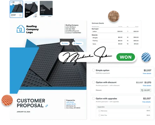 A digital roofing proposal document with company branding, estimate details, pricing options, and a signed approval section.