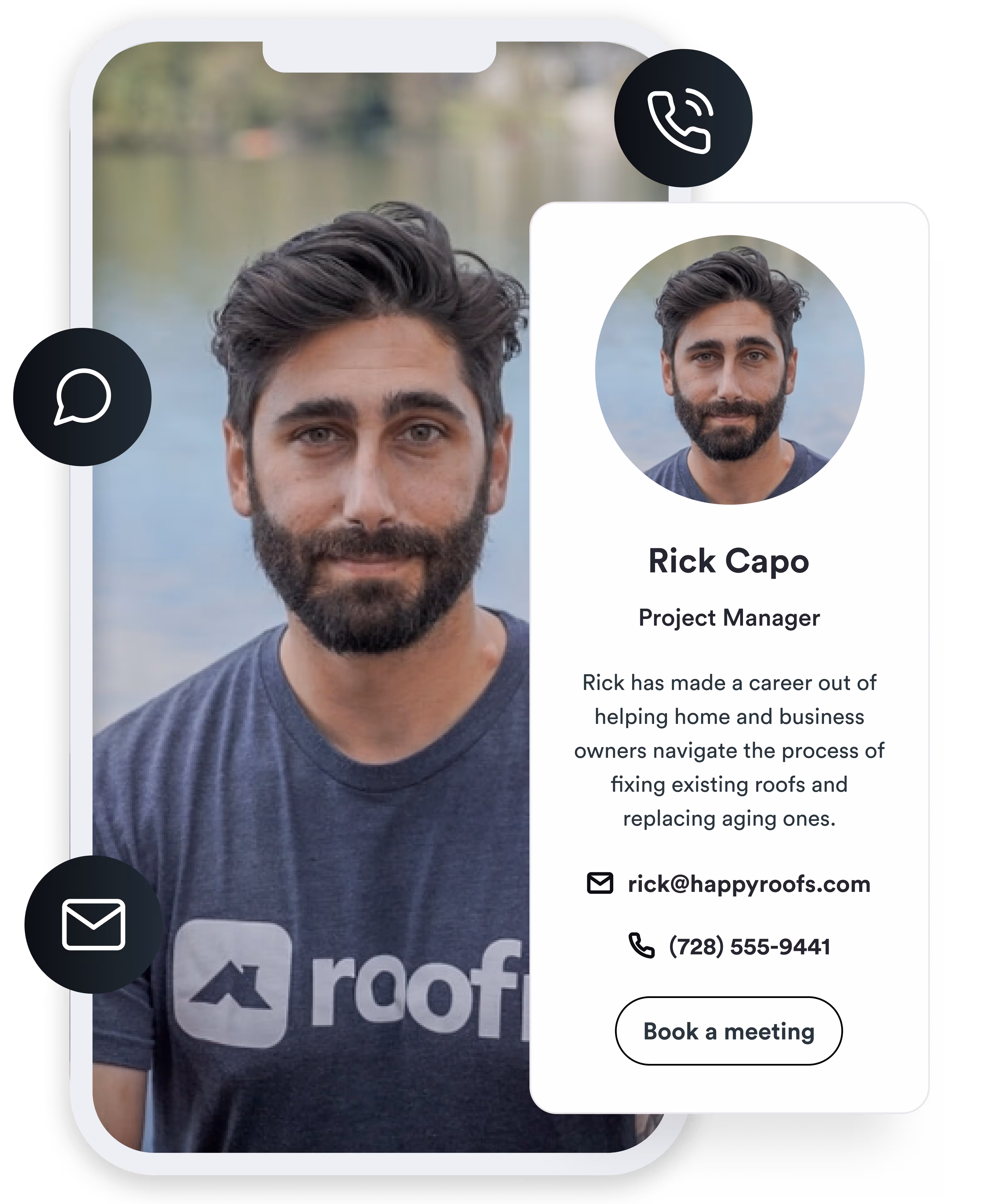 A phone mockup with a photo of Rick Capo, Project Manager at Roofr.