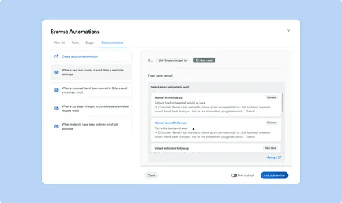 A UI for configuring automated email triggers based on job stage changes in the Roofr system.
