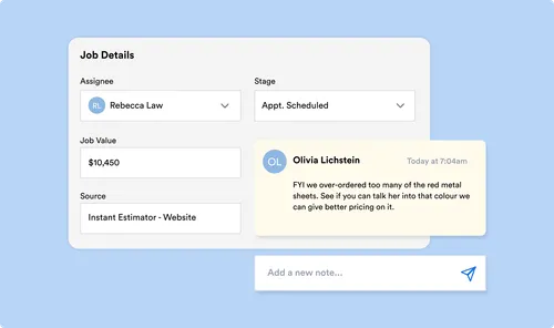 A job management interface with job details, including assignee, stage, job value, source, and a note about over-ordering materials.