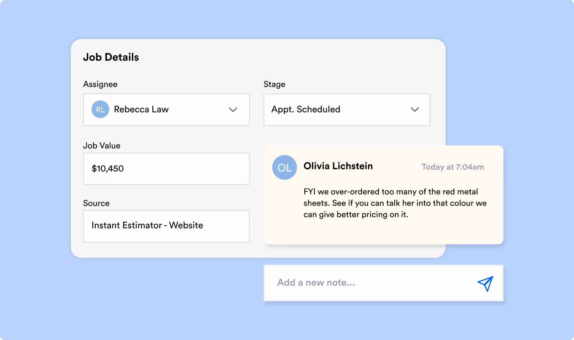 A job management interface with job details, including assignee, stage, job value, source, and a note about over-ordering materials.