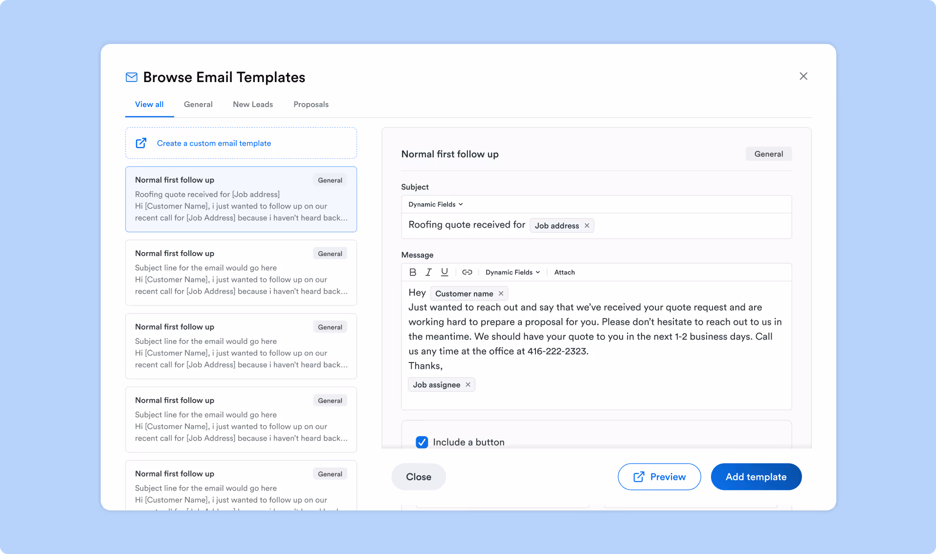 A UI displaying a list of customizable email templates used for customer follow-ups in Roofr.