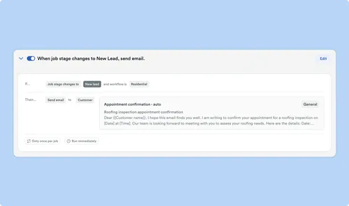 A UI panel showing an automation workflow with a toggle switch, conditions, and task creation fields for material ordering.