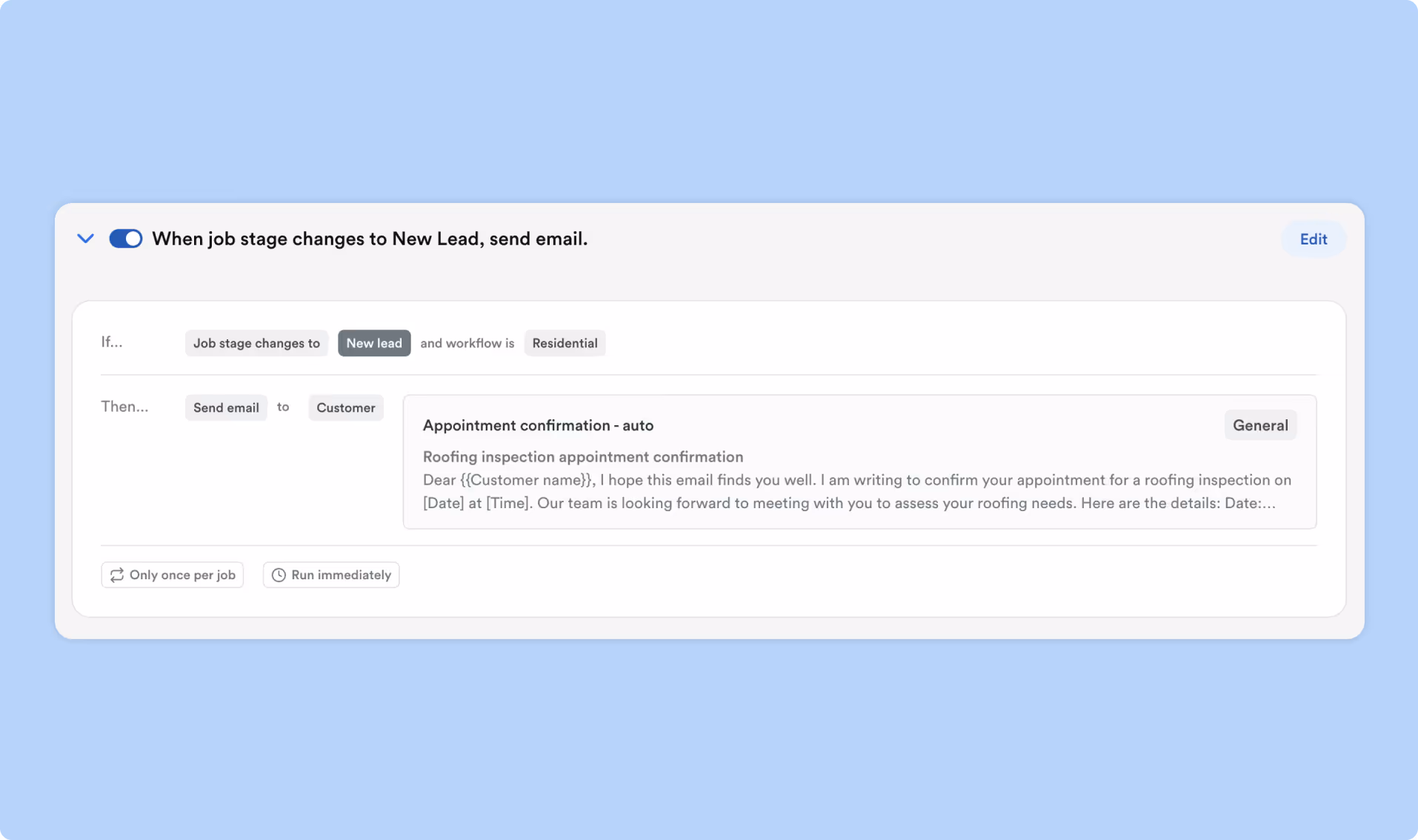 A UI panel showing an automation workflow with a toggle switch, conditions, and task creation fields for material ordering.