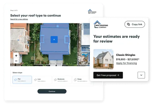 Roof type selection tool with a roof estimate preview for review.