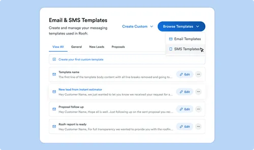 A settings panel for browsing, creating, and managing email and SMS templates within Roofr.