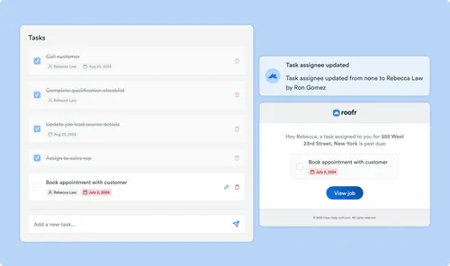 A task list with checkboxes, due dates, and an email notification for a task assignment in the Roofr platform.