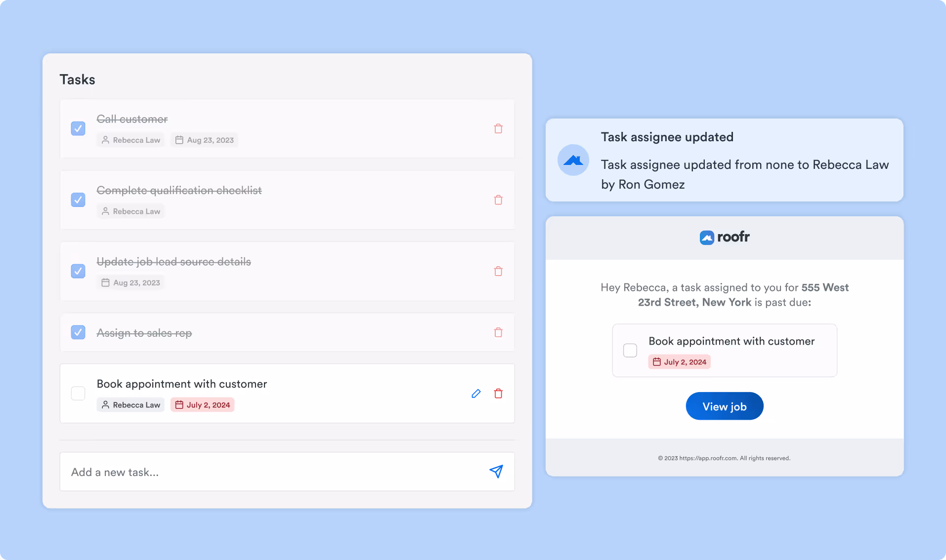 A task list with checkboxes, due dates, and an email notification for a task assignment in the Roofr platform.