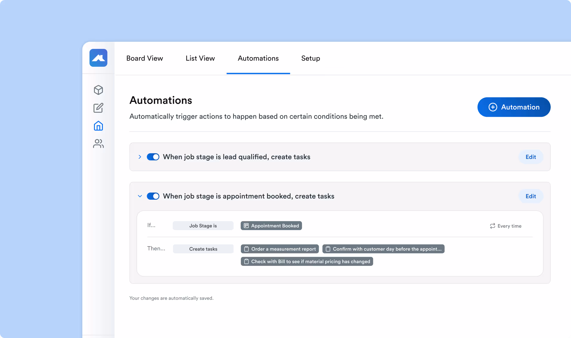 A settings interface showing automation rules for a roofing company, triggering actions based on job stages like lead qualification and appointment booking.