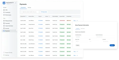Payments dashboard showing payment status, amounts, and payment methods.