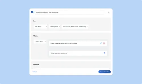 A settings interface showing automation rules for a roofing company, triggering actions based on job stages like lead qualification and appointment booking.