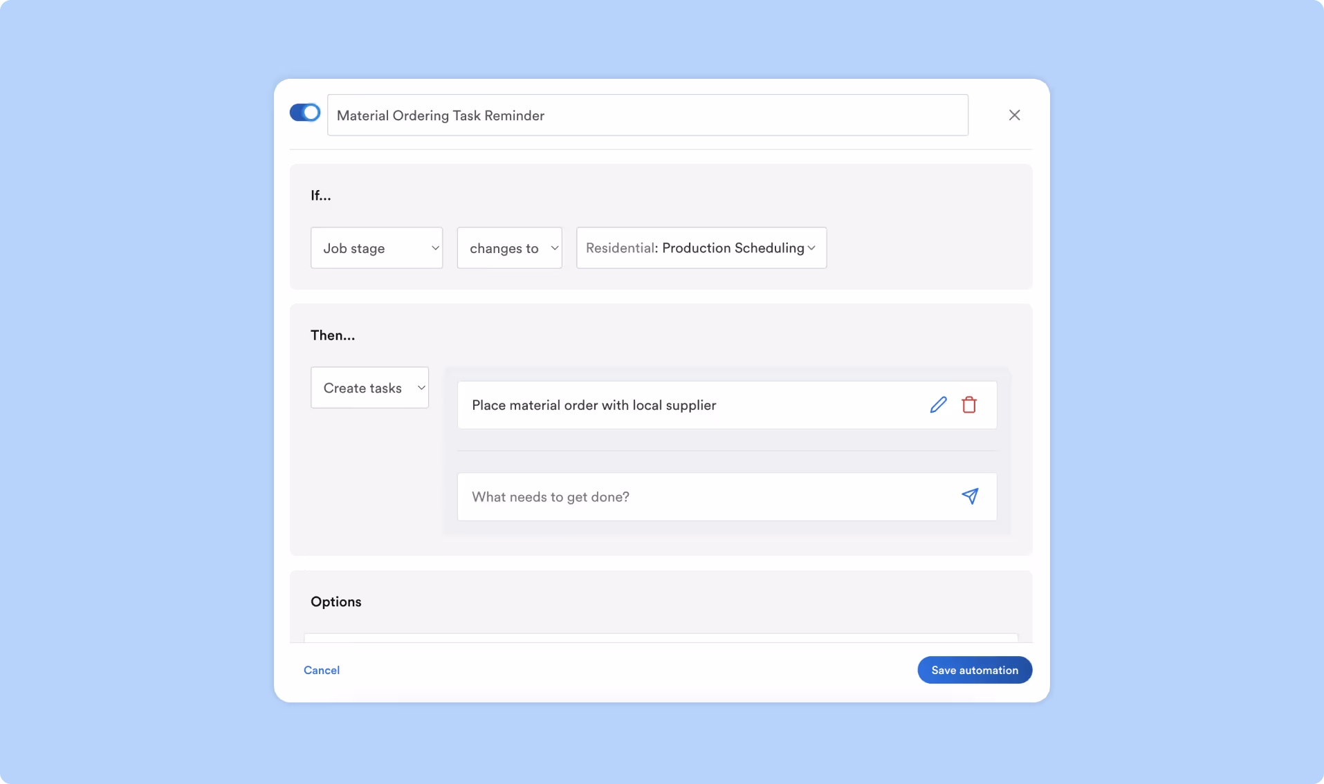 A settings interface showing automation rules for a roofing company, triggering actions based on job stages like lead qualification and appointment booking.
