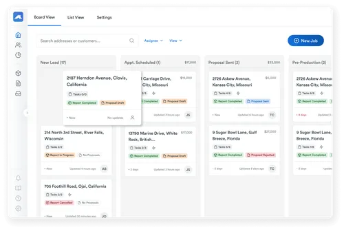 Board view of jobs with statuses like New Lead, Proposal Sent, and Pre-Production.