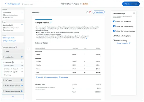 A screenshot of the Roofr proposal editor, displaying an estimate breakdown, customer details, and editable sections.
