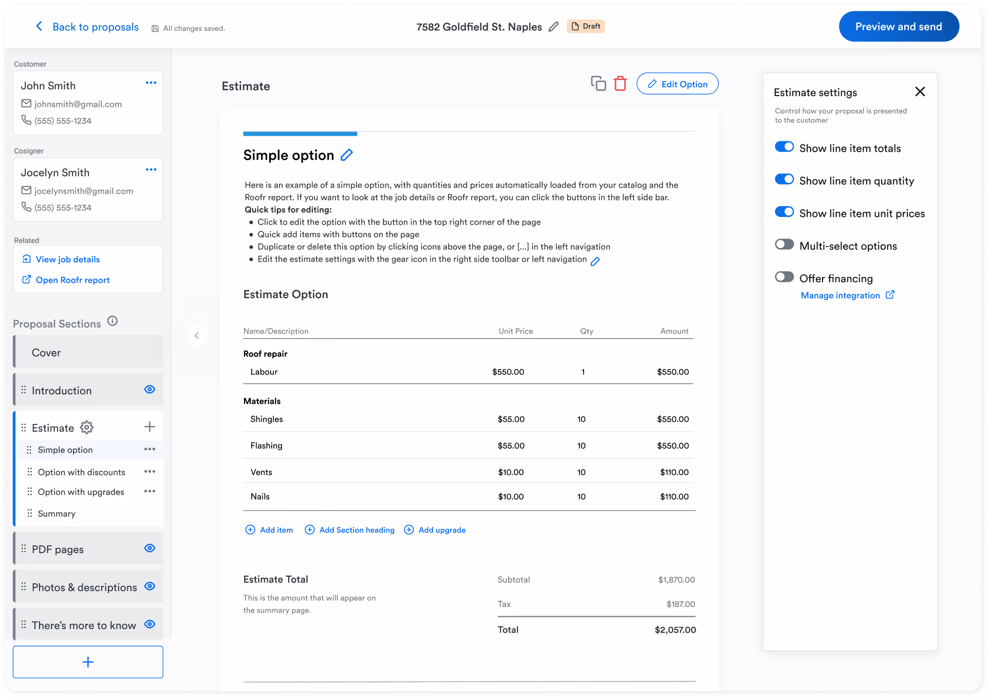A screenshot of the Roofr proposal editor, displaying an estimate breakdown, customer details, and editable sections.