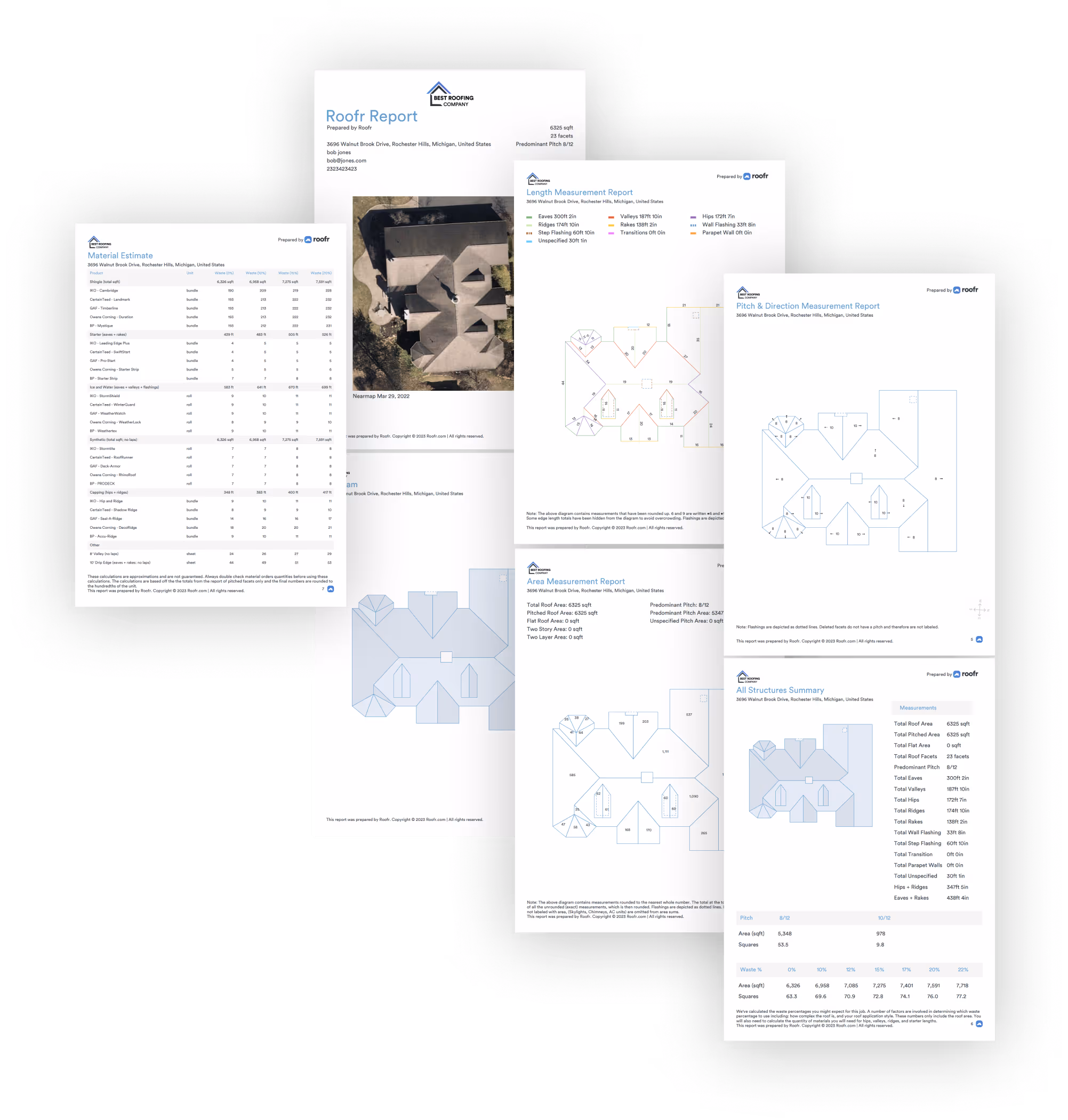 A collection of Roofr Reports displaying detailed roofing measurements, material estimates, and property information in a structured format.