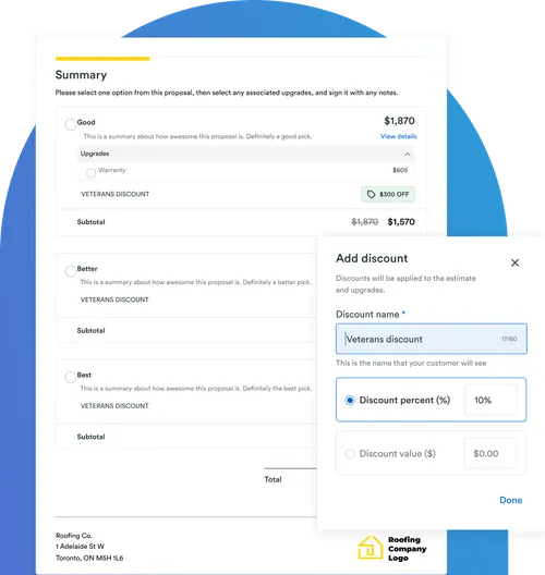 A roofing proposal summary with three pricing options: Good, Better, and Best. The 'Good' option is selected, showing a subtotal of $1,870 with a Veterans Discount applied, reducing the price to $1,570. A pop-up window displays the option to add a discount, with the name 'Veterans discount' and a 10% discount selected. The company's logo and address appear at the bottom of the page.