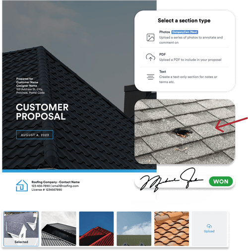 A customer proposal document with selectable section types, including photos, PDFs, and text, featuring a damaged roof image for annotation.