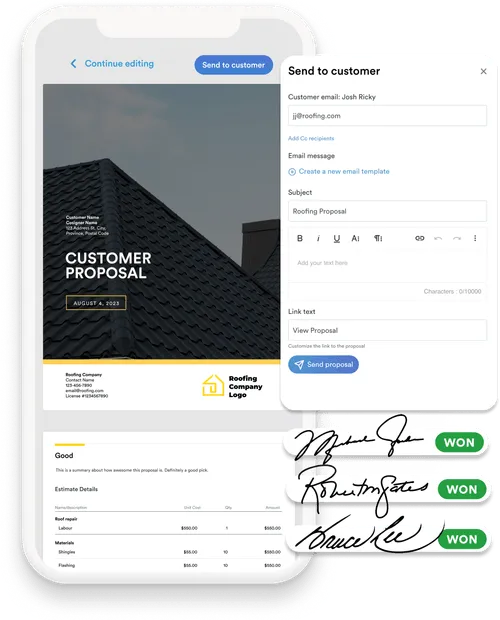 A mobile view of a customer proposal with an email preview, multiple signed approvals, and a send-to-customer interface.