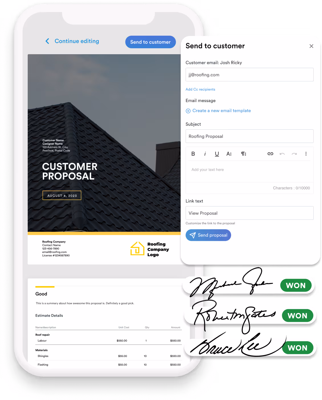 A mobile view of a customer proposal with an email preview, multiple signed approvals, and a send-to-customer interface.