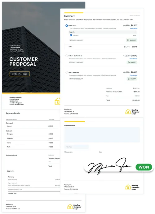 A summary page of a customer proposal, featuring estimate details, pricing options, discounts, customer notes, and a signed approval.