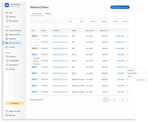 A screenshot of material orders in Roofr.