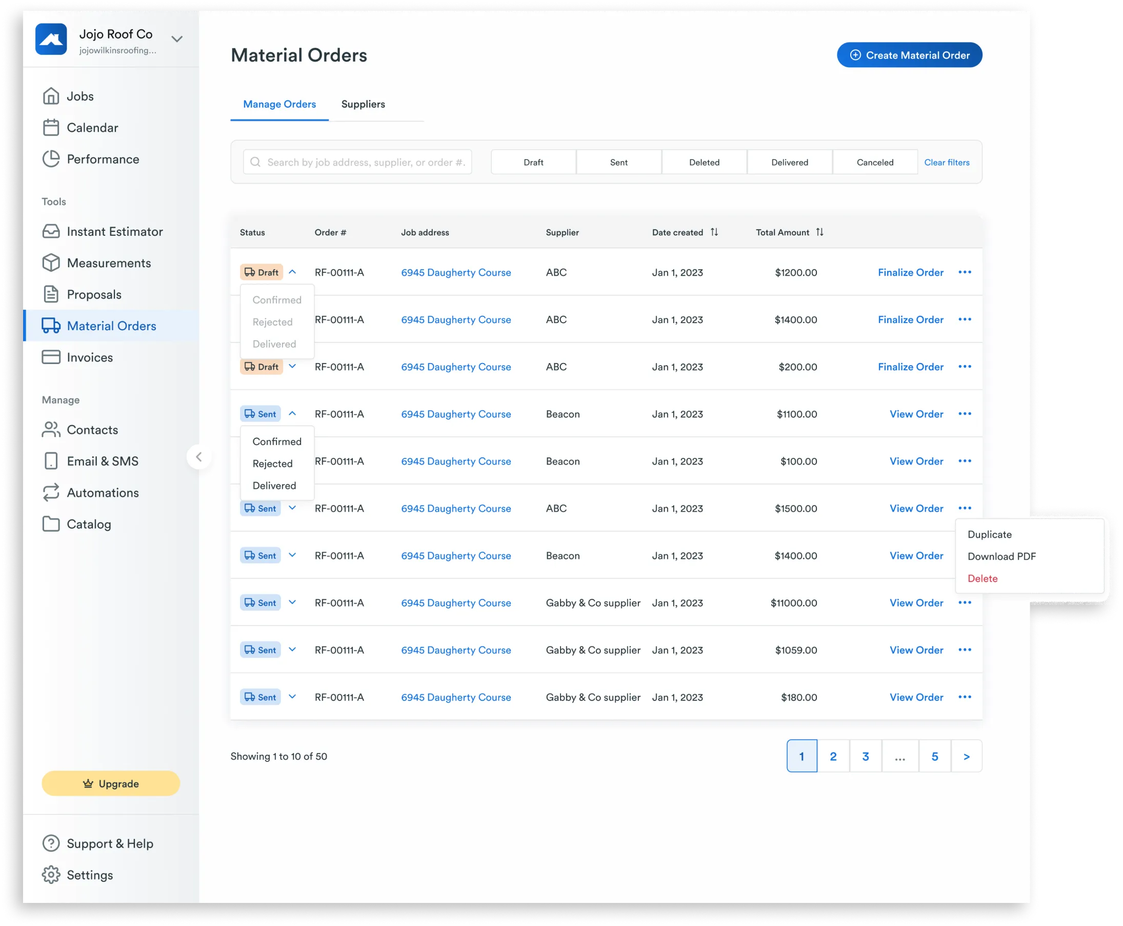 A screenshot of material orders in Roofr.