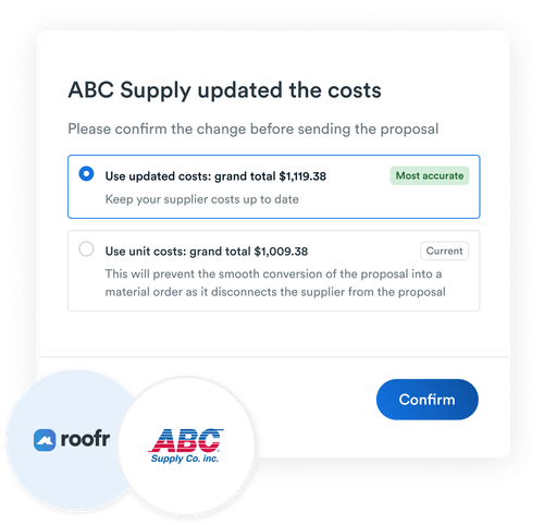 Roofr x ABC Supply integrated pricing example screenshot.