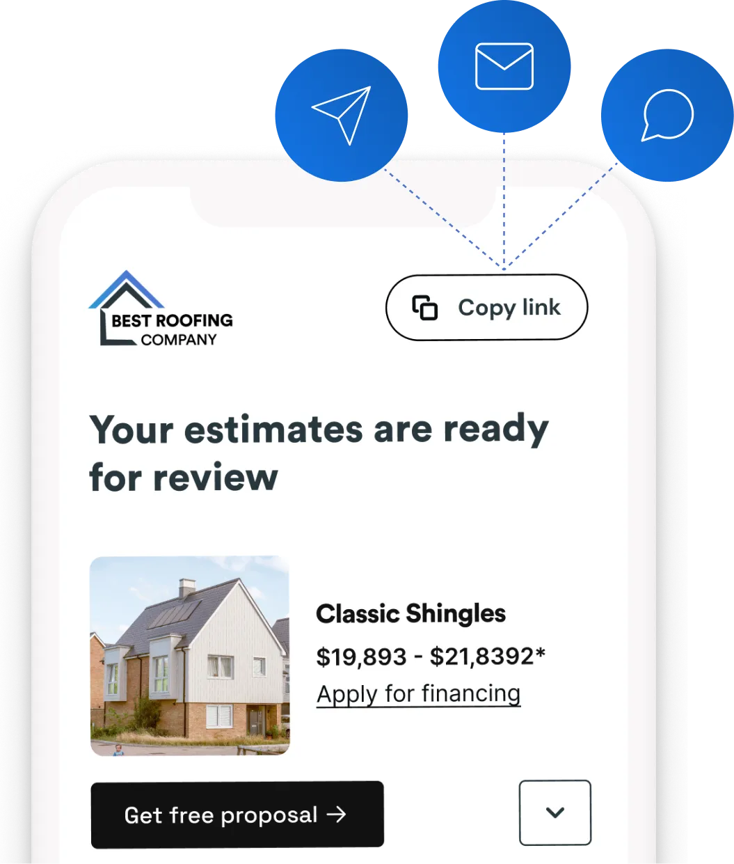 Mobile interface showing a roofing company's estimate page, with an option to share or copy the link. An image of a house is displayed alongside details about roofing material and an estimated price range.