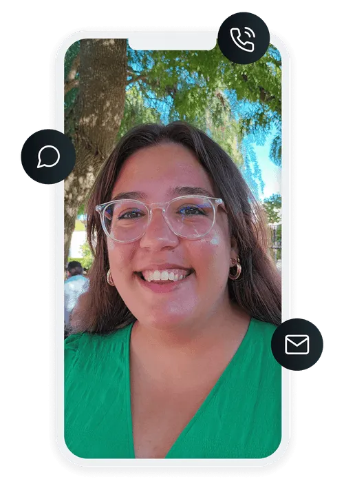 A person smiling, wearing glasses and a green shirt, framed inside a mobile phone mockup with icons for call, message, and email.