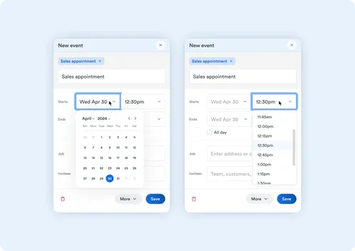 A digital calendar interface displaying scheduled events for a week. The calendar shows different colored blocks representing tasks like "Sales team meeting. Each event block is labeled with time slots and titles, illustrating a busy schedule.