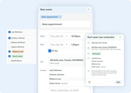 A detailed event creation interface showcasing fields for event details like title, date, time, and location. The interface also displays a list of invitees with checkboxes for selection. On the right, a summary of the event includes relevant details like the address and participants.